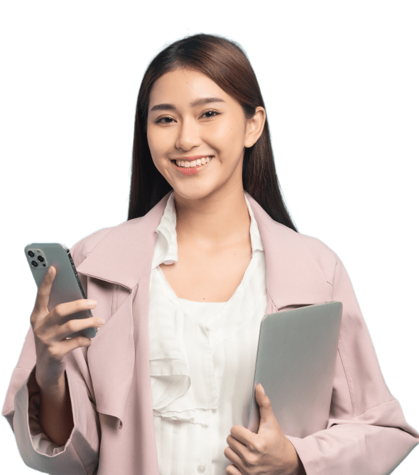 professional woman in pink coat holding a mobile phone